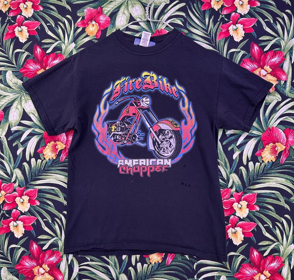 Y2K American Chopper Fire Bike Graphic Tee Black Size S/M